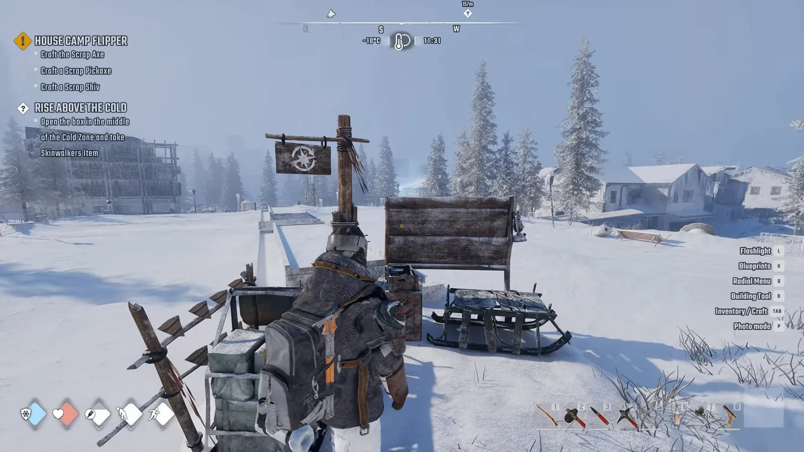 Survivor beside the Church sleds with the gameplay HUD visible