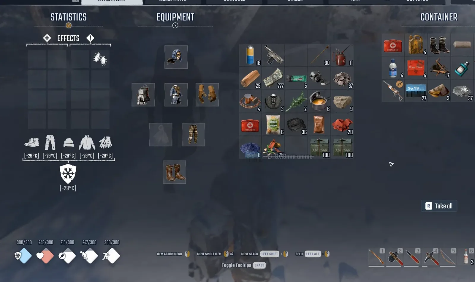 Player equipment and inventory beside the dog pack panel labelled CONTAINER