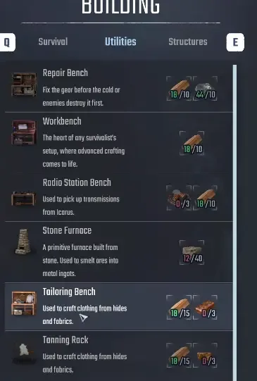 Building menu showing Radio Station Bench and its Wire and Wood requirements