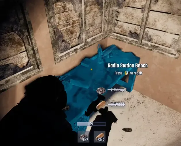Damaged Radio Station Bench highlighted blue at Hunter's Glade