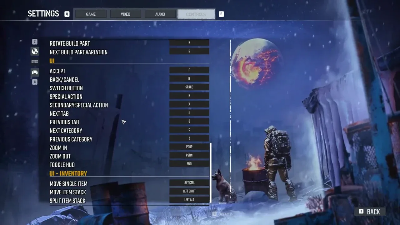 Controls page showing UI and inventory assignment rows