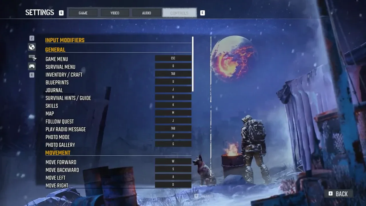 Controls keyboard page showing General and Movement assignment rows
