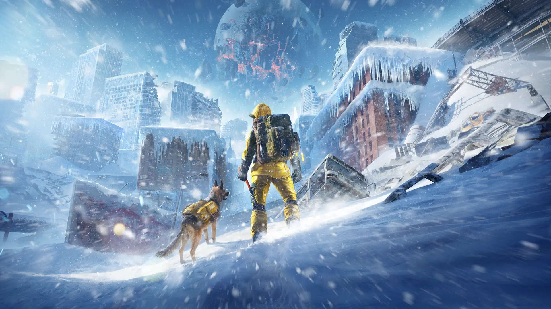 Official Permafrost key art of a survivor and dog beneath the shattered moon in a frozen city