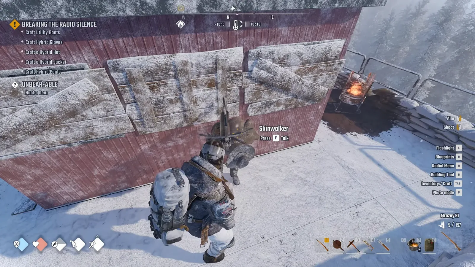 Skinwalker on the Hunter's Glade tower platform beside the red cabin